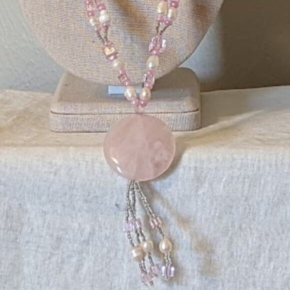 Pink Quartz, Potato Pearls, and Glass Bead Tassel Necklace - Picture 1 of 13